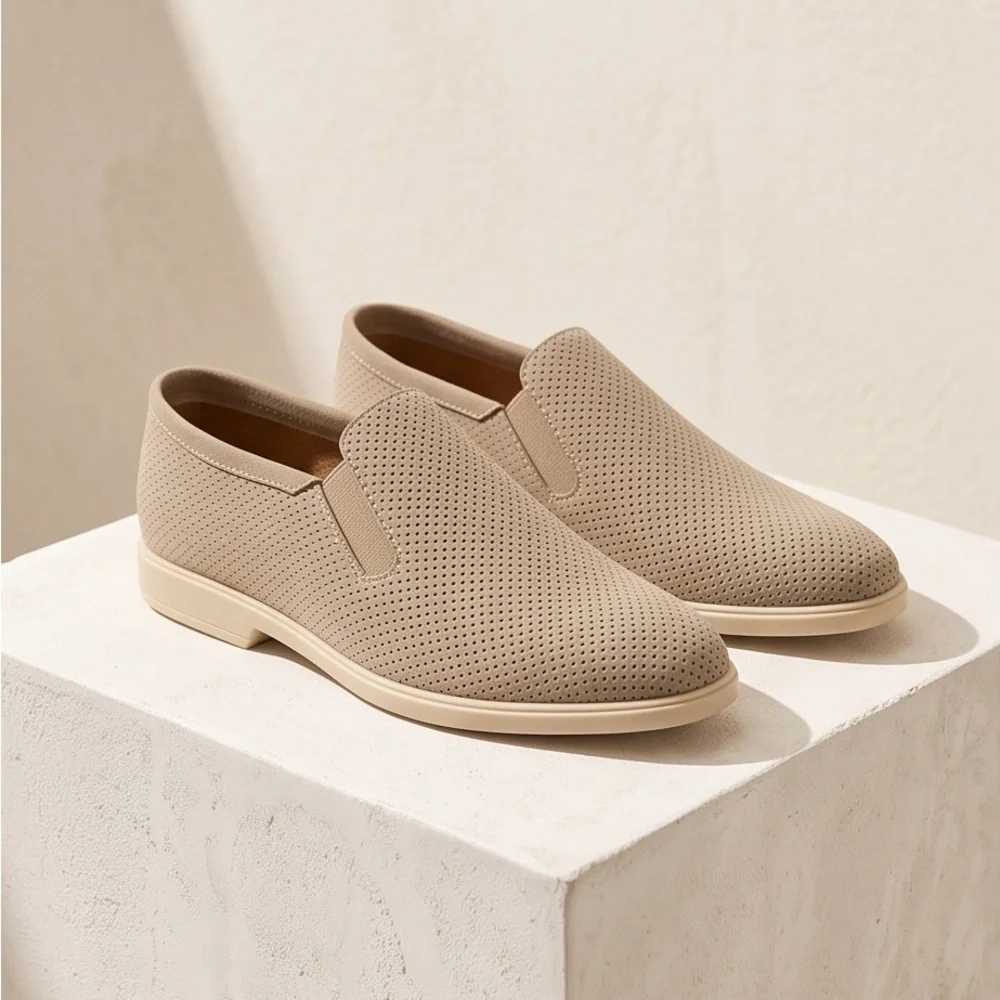 Alberto Ciccioli Men's Slip-On Perforated Comfort Beige Suede Loafers - Taupe